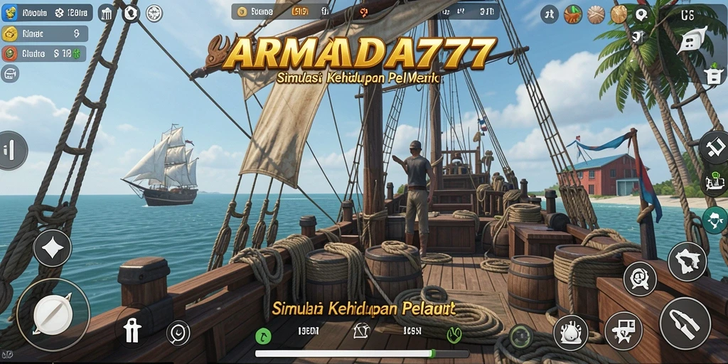 Tangkapan layar ARMADA777 menampilkan aksi seru di lautan dengan latar belakang kapal.
