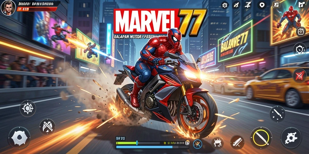 Gameplay seru MARVEL77 saat balapan motor di trek menantang.