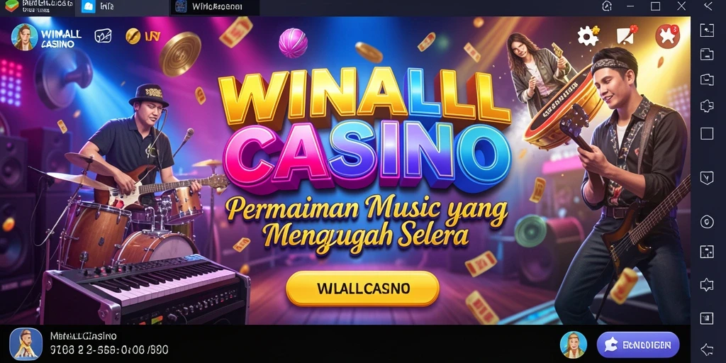 Screenshot dari gameplay WINALLCASINO yang menampilkan suasana meriah dan musik.